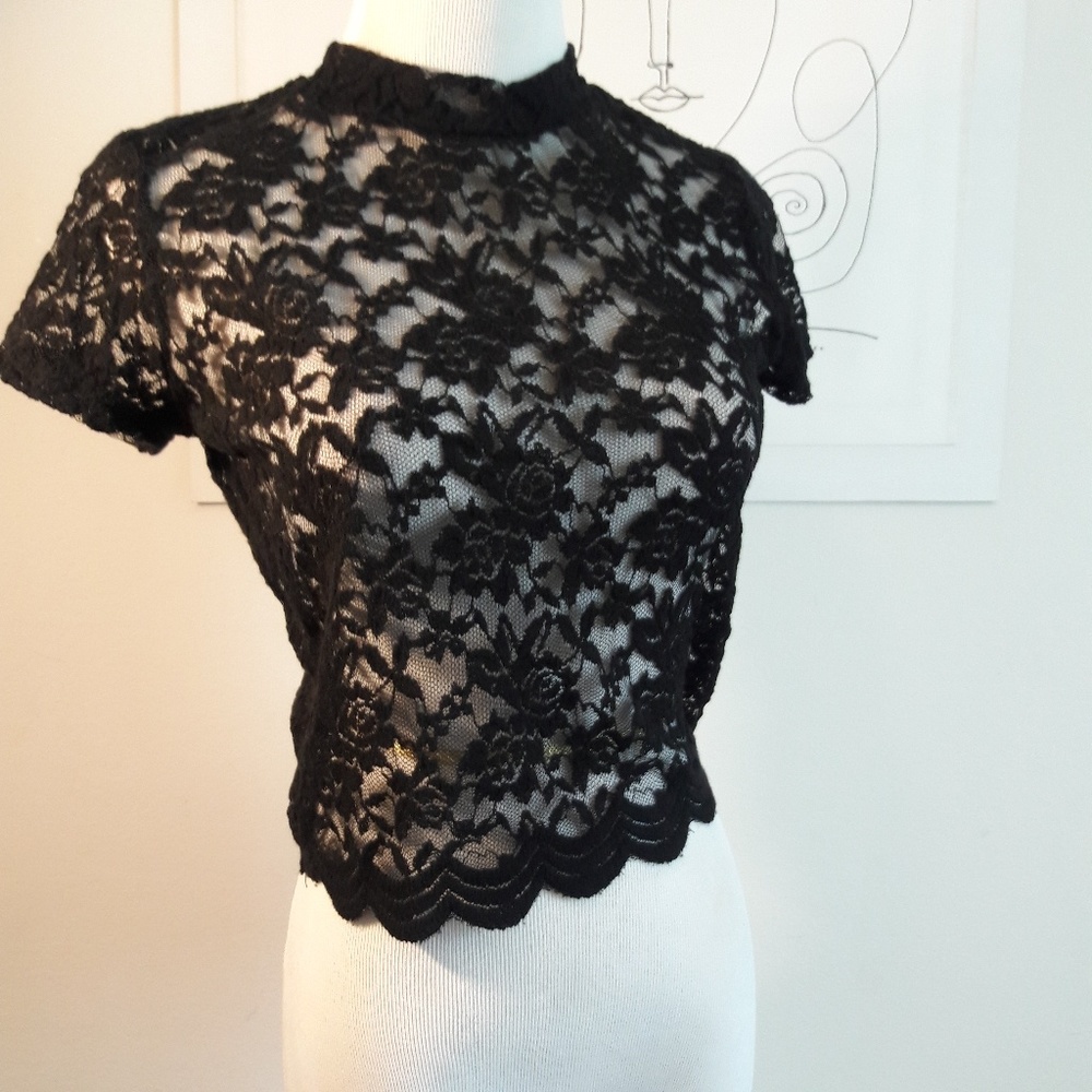 Black mock neck lace top